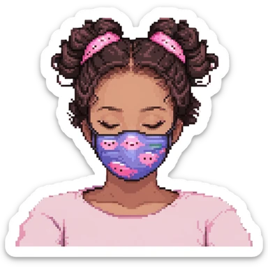 Pixel art girl sleeping with pink beauty face mask, hair in messy bun, self care sticker