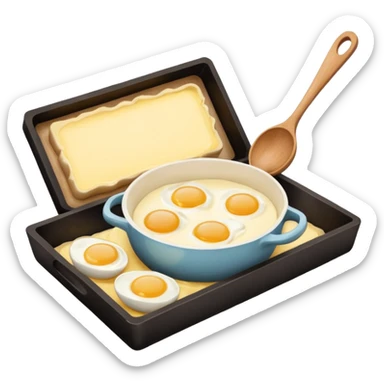 A carton of eggs, butter and a cream ceramic baking bowl with a wooden spoon in it sticker