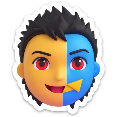 emoji face split diagonally left side shadowed black, right side glowing golden, left eye red intense, right eye blue calm, confident tilted smirk, short spiky hair half black half golden, no background, expression of silent power sticker