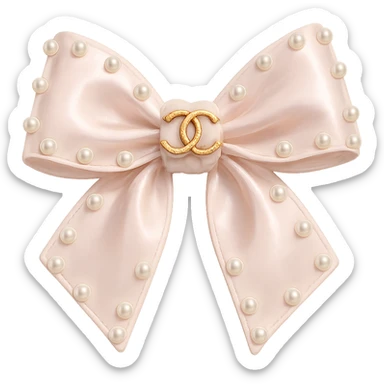 Remove the background, keep only the elegant bow with pearls and gold Chanel logo, glossy, pastel colors, realistic style, with no background. sticker