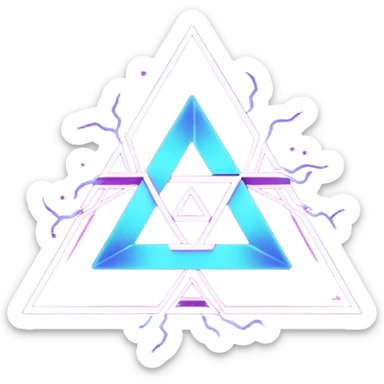 futuristic minimalistic logo icon, glowing triangle formed by three merging neon energy streams representing Storm, Atom, and NoizeGames, neon purple (#8B5CF6) and cyan (#00E0FF), dark background, unity and harmony design, no face, 1:1 aspect ratio sticker