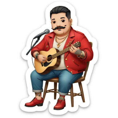 Icon for Chanson: Old fat chanson singer with tattoos and short moustache, red jacket, gold chains and braslettes, sitting on a chair with an acoustic guitar and standing microphone. No earrings. The atmosphere should reflect a nostalgic, soulful vibe with vintage elements. Transparent background. sticker