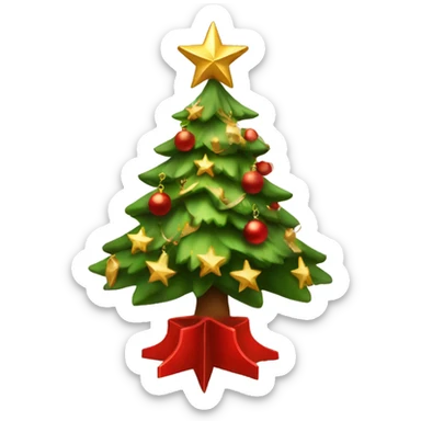 A Christmas tree with gold and red decorations and a star on top sticker