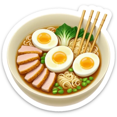 Delicious bowl of ramen noodles with miso soup broth base, bamboo, bok choy, eggs, pork, fish cakes, and green onions sticker