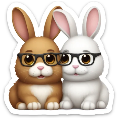 two bunnies. one white fluffy bunny with glasses cuddling brown fluffy bunny WITHOUT glasses sticker