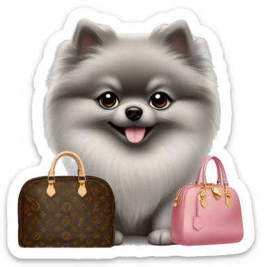 Little grey Pomeranian and a Louis Vuitton bag sticker