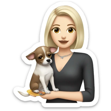 White girl with blonde and brown bob holding Grey and dark grey long haired chihuahua drinking a martini sticker
