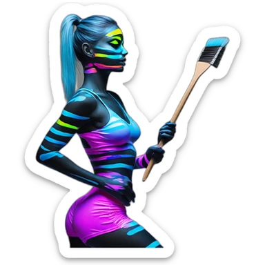 Sexy Neon sign shows fitness model in striped body paint from behind picking up paintbrush sticker