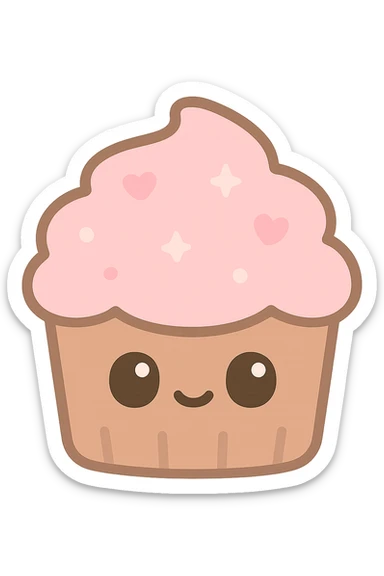 chocolate cupcake with pink icing, cute cartoon style sticker