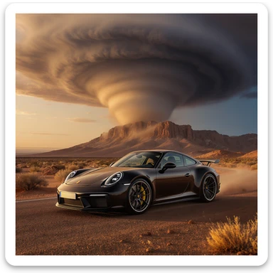 Cinematic still of a A modern desert mountain, wallpaper, modern, porsche 911, sunset, arizona desert, tornado in background sticker