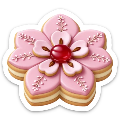 Realistic shortbread cookie in the shape of a cherry blossom with pale pink color jelly middle filling and sprinkled powder sugar on top. sticker