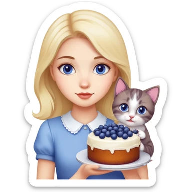 Beautiful girl holding a blueberry cake and a kitten sticker