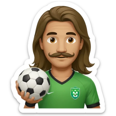 long hair man soccer player green jersey with mustache holding soccer ball sticker