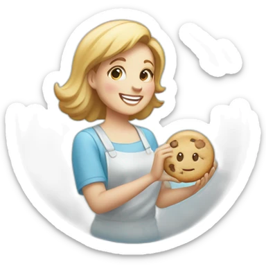a happy lady holding up a cookie in a clear plastic bag with a light blue circular sticker on it with the text "bliss pastries" sticker