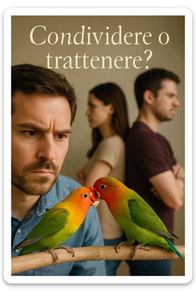Vertical format: Close-up of a man observing two parrots exchanging food, next to a human couple turning their backs on each other, with Italian text: 'Condividere o trattenere?'. sticker