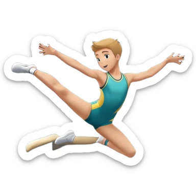 An athletic person soaring high above a trampoline, executing an acrobatic flip with perfect form. The scene captures motion and energy, with a dynamic pose, stretched limbs, and a focused expression. The background suggests a professional trampoline arena with safety padding. sticker