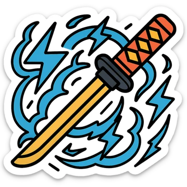 Add swirling blue lightning and electric arcs around the katana, no background, keep icon style consistent with lineal color icon with black outlines. sticker