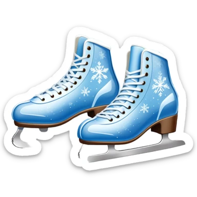 An icon showing In the background, twinkling lights, winter trees, and blue sky. a pair of elegant ice skates gliding across a smooth, frozen rink with snowflakes in the air. Transparent background highlights the grace and charm of ice skating. sticker
