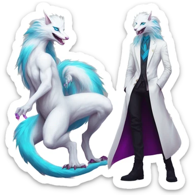 White badass elegant wild beautiful natural cute badass epic anthro modern albino sergal-vernid-creature with cyan mane and magenta eyes with cyan edgy stripes, full body, blue pretty hair, outside, modern, aesthetic, art by LiLaiRa, art by art by Falvie sticker
