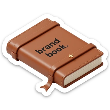 leather-bound notebook with stitching and 'brandbook' in bold written on it, skeuomorphism icon style sticker