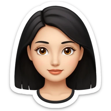 Feminine woman Softly rounded, healthy face — slightly curvy and feminine, not overweight.
Warm tan skin, brown eyes with long lashes, full glossy lips, gentle smile.
Shoulder-length black hair framing the face.
Clean, polished emoji look, soft shading, neutral background. sticker