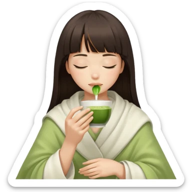 Dark brown hair with straight bang girl inside a white blanket sipping matcha eyes closed sticker