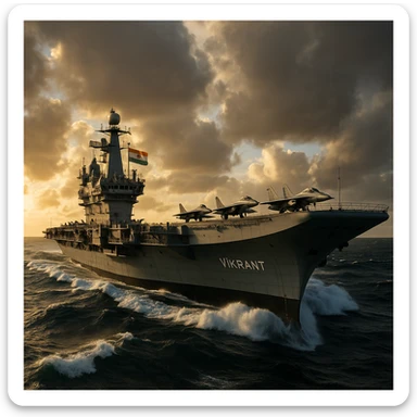 INS Vikrant, Indian Navy, aircraft carrier, dynamic angle, waves, dramatic lighting sticker