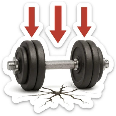 realistic dumbbell with red arrows pointing down and small cracks underneath, isolated on white background sticker