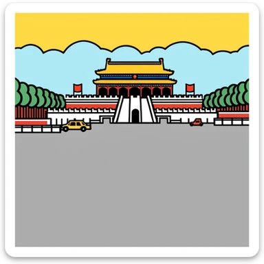 Tiananmen Square in Beijing with traditional Chinese architecture gate, sunny day, travel landmark illustration sticker