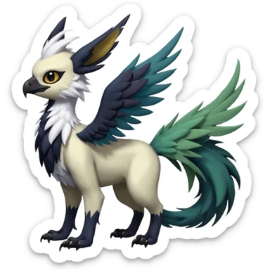 Dark-deep-colored gryphon-Trico-Nargacuga-Absol-Leafeon-Sprigatito-Silvally-fusion-hybrid with a long tufted tail, black beak, black claws, black tail, majestic, realistic, furry (full body) sticker