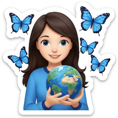 Successful CEO (brunette girl, another emoji, in the middle), holding the Earth 🌍 in her hands smiling warmly, blue monarch butterflies fly around her. sticker