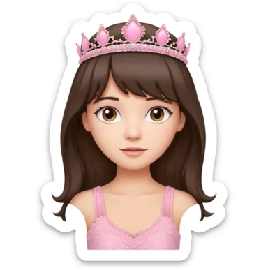 long haired brunette with curtain bangs cute pink lacy tank with a pink tiara on head, white but with a little bit of tan sticker