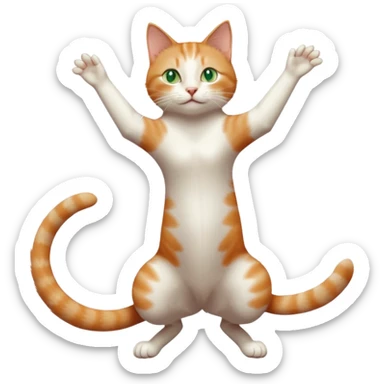 ginger and white cat with green eyes doing a big extremely long stretch reaching up into the air with arms and legs side by side together straight and overextended whilst lying on its side sticker