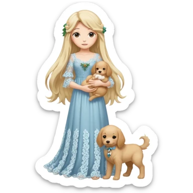 Pastel anime lady long hair with long lace dress full body holding puppy sticker