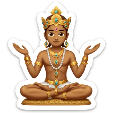 a golden statue of a Hindu deity seated in a cross legged posture with one hand in a blessing gesture, adorned with ornate jewelry�. The figure sits on a decorated pedestal, radiating a sacred and traditional aura�. sticker