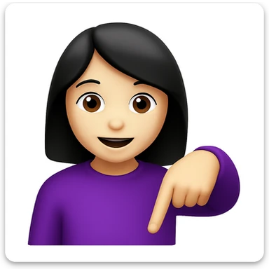 Edit the image of a woman with black hair and purple shirt, same as the reference, but with her finger pointing down. The original style is 3D emoji style, please keep that look in the edit. sticker