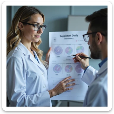 realistic image of a woman observing analysis results with a doctor, discussion about supplementing only in case of deficiency, medical environment, clinical details, serious atmosphere sticker