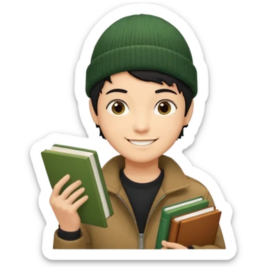 tan skin, non binary man with pixie cut black hair, wearing brown jacket and dark green beanie, smiling , holding up books  sticker