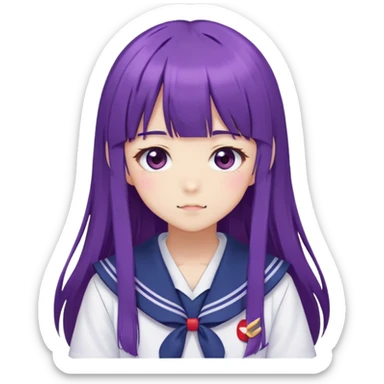 Shy anime girl with purple long hair and bangs wearing Japanese sailor style school uniform, blushing, kawaii style sticker