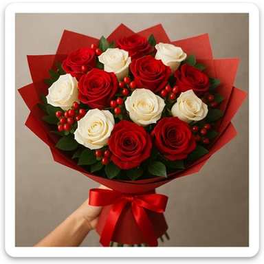 a classic bouquet featuring red and white roses, wrapped in red paper, festive and beautiful sticker