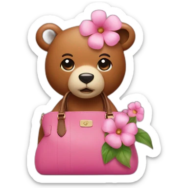 A pink bear  flower on its head and a brown handbag sticker