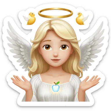 blonde angel girl with glowing white wings, gentle halo above her head, wearing flowing white dress, radiating purity and light, apple emoji style sticker