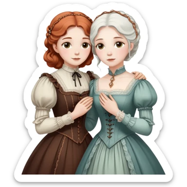 Two modest Victorian women hugging, one with white hair and one with copper hair, wearing Victorian era dresses sticker
