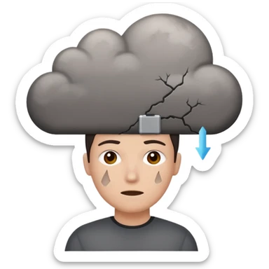  battery with no energy and cracks on it and a gray cloud abouve the head sticker