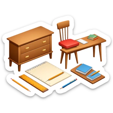 Icon for Furniture Design: a furniture drawing with 3D models of furniture pieces placed on top, accompanied by rulers and a pencil. The icon should represent the design process with focus on precision and modeling. Transparent background. sticker
