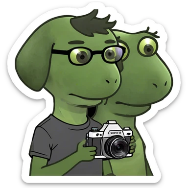 A little boy with straight black medium-length hair, white skin, and black eyes wearing black-framed glasses is taking photos on a UFO with a camera. Beside him, there is an alien and a brown round-headed poodle. sticker