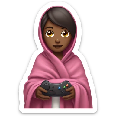 White girl with dark hair wrapped up in a blanket with a pink gaming controller in her hands sticker