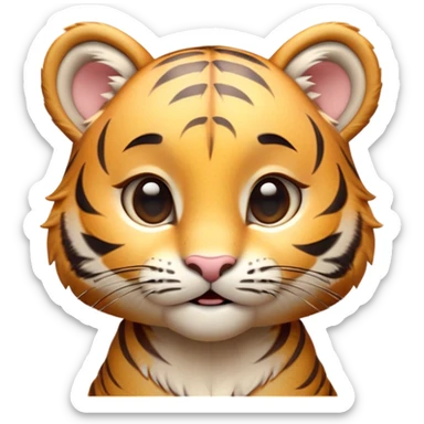 Cinematic Cute Tiger Cub Portrait Emoji, Head tilted playfully and inquisitively, with an adorably compact form accented by subtle stripes and round, sparkling eyes full of wonder, Simplified yet irresistibly adorable features, highly detailed, glowing with a warm, inviting wild glow, high shine, affectionate and lively, stylized with a touch of whimsical feline cuteness, soft glowing outline, capturing the essence of a mischievous yet loving tiger cub that seems as if it could leap out of the screen into your arms! sticker