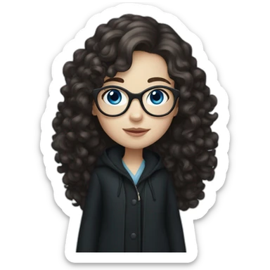 full length girl in a black coat, glasses with big blue eyes and white skin and curly dark browny long hair sticker
