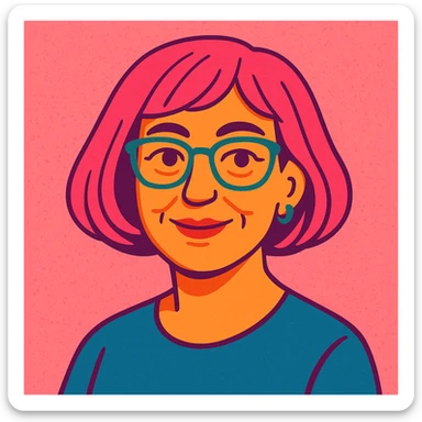 Middle-aged female, pink bob hair, pink salt background, approachable and stylish sticker